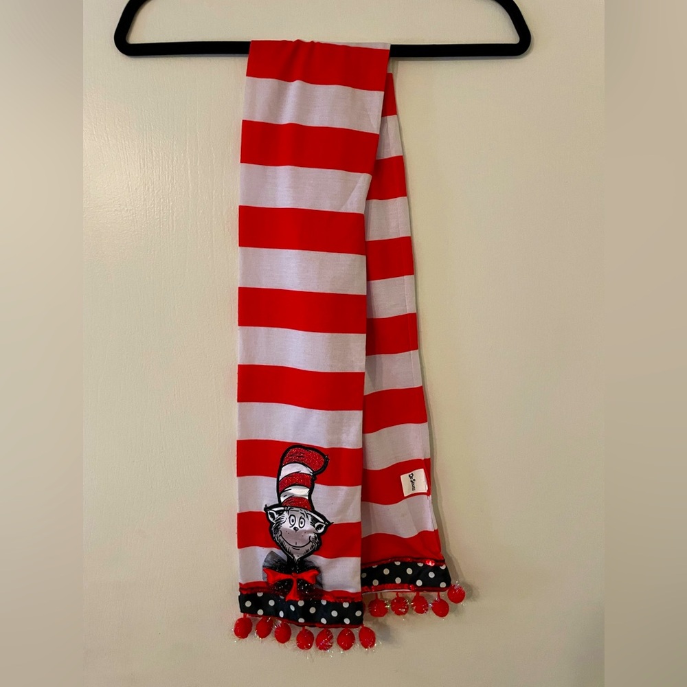 Dr Seuss CAT IN THE HAT Red White Striped Scarf Pom Poms